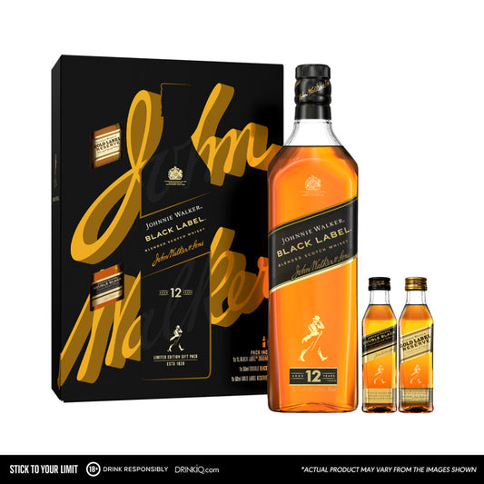 Johnnie Walker Black Label Blended Scotch Whisky 1L with 2 Highball Glasses